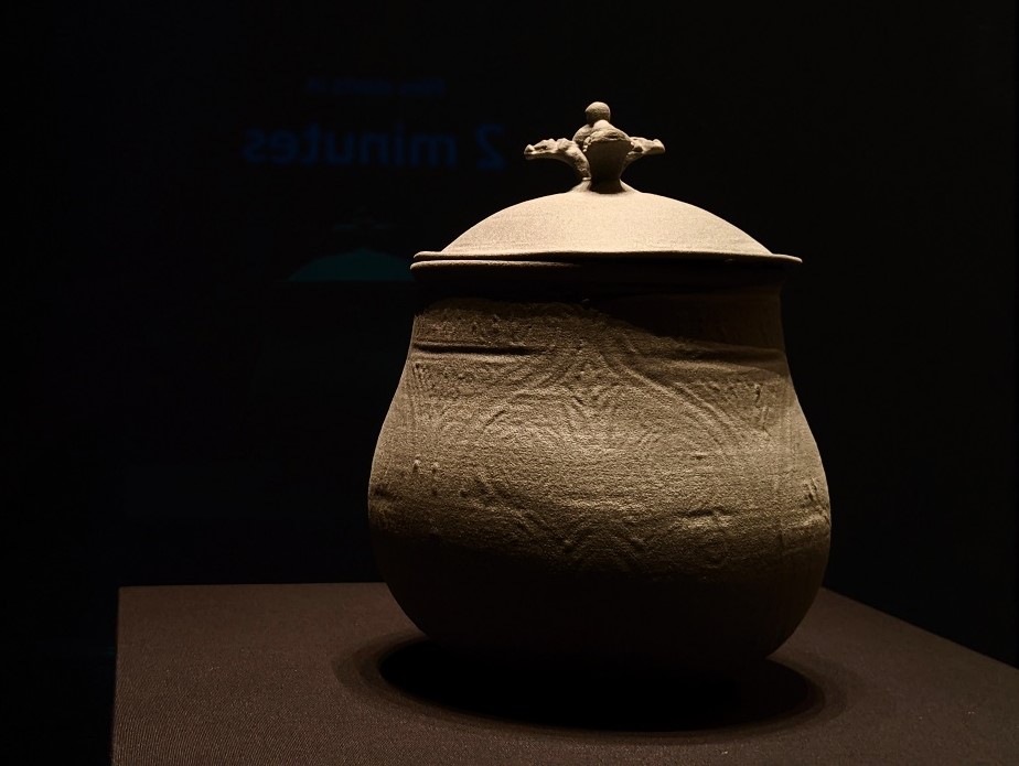 A 3D model, looking almost like it's made of clay, of the pear-shaped vessel against a black background.