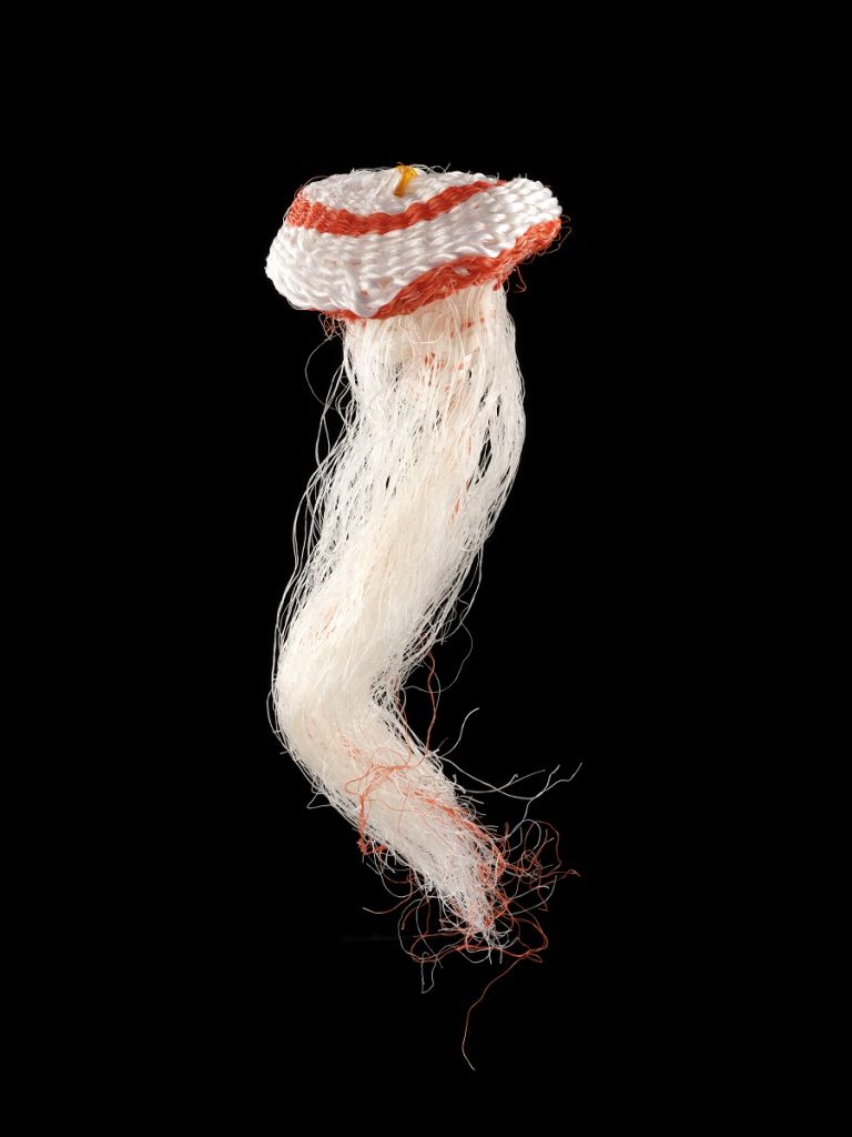 White and red jellyfish with long, hair-like strands forming a plume of plastic fibres.