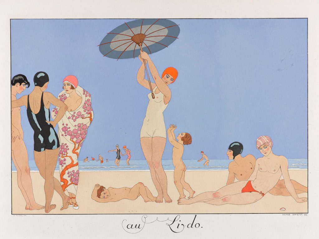 Several male and female figures in 1920s swimming costumes.