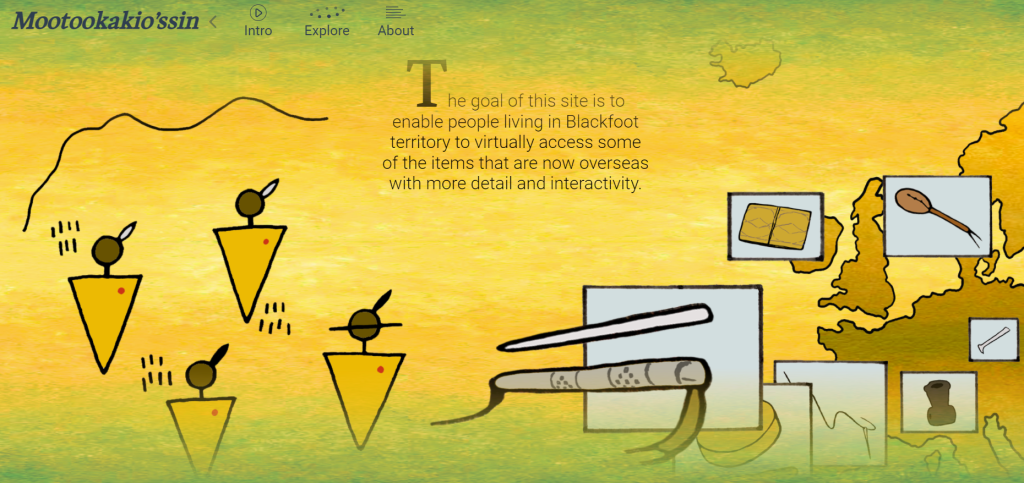 Screenshot with illustration of Indigenous people, represented by yellow triangles, and a map of Europe covered in boxes containing Blackfoot objects.