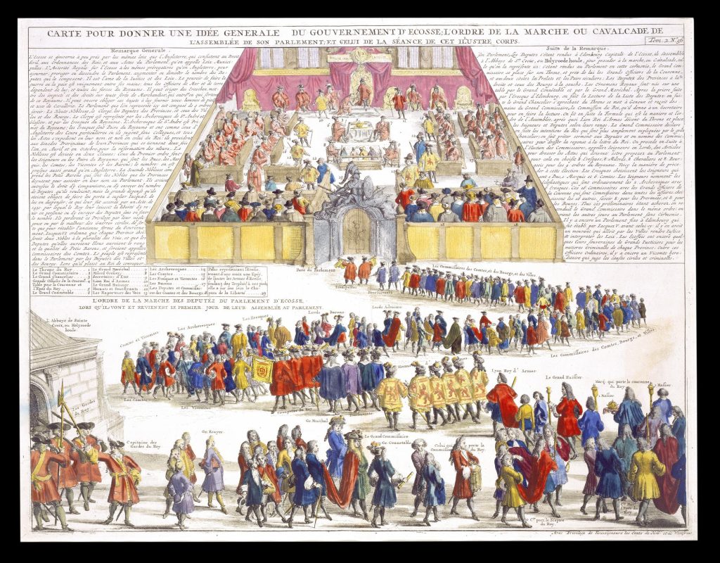 Illustration of a procession of dozens of figures forming a zigzagging line towards the gates of a building, its roof missing to view many seated people within.