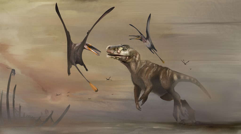 Illustration of two pterosaurs flying above another dinosaur.