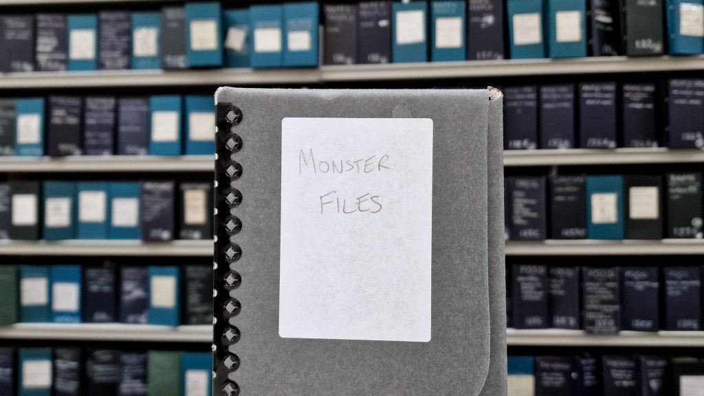 A box file with a label saying "Monster Files" on it.