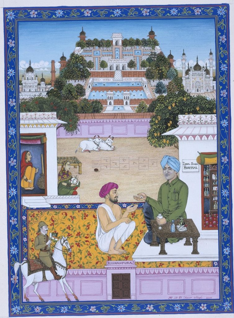 Painting of an Indian palace and city. Two men sit by a table in the foreground with medicines, and a rider approaches with flags of India and Pakistan.