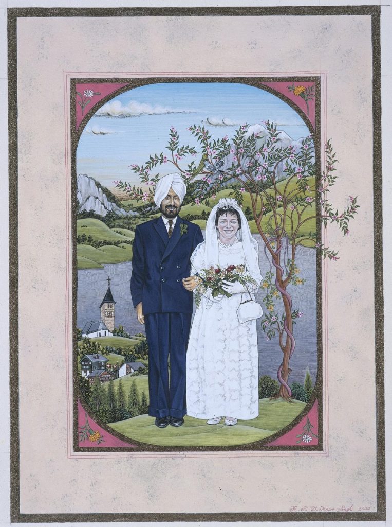 Painting of a couple being married on a hill in the Swiss countryside. The groom wears a blue suit and white turban, the bride wears a white dress and holds flowers.