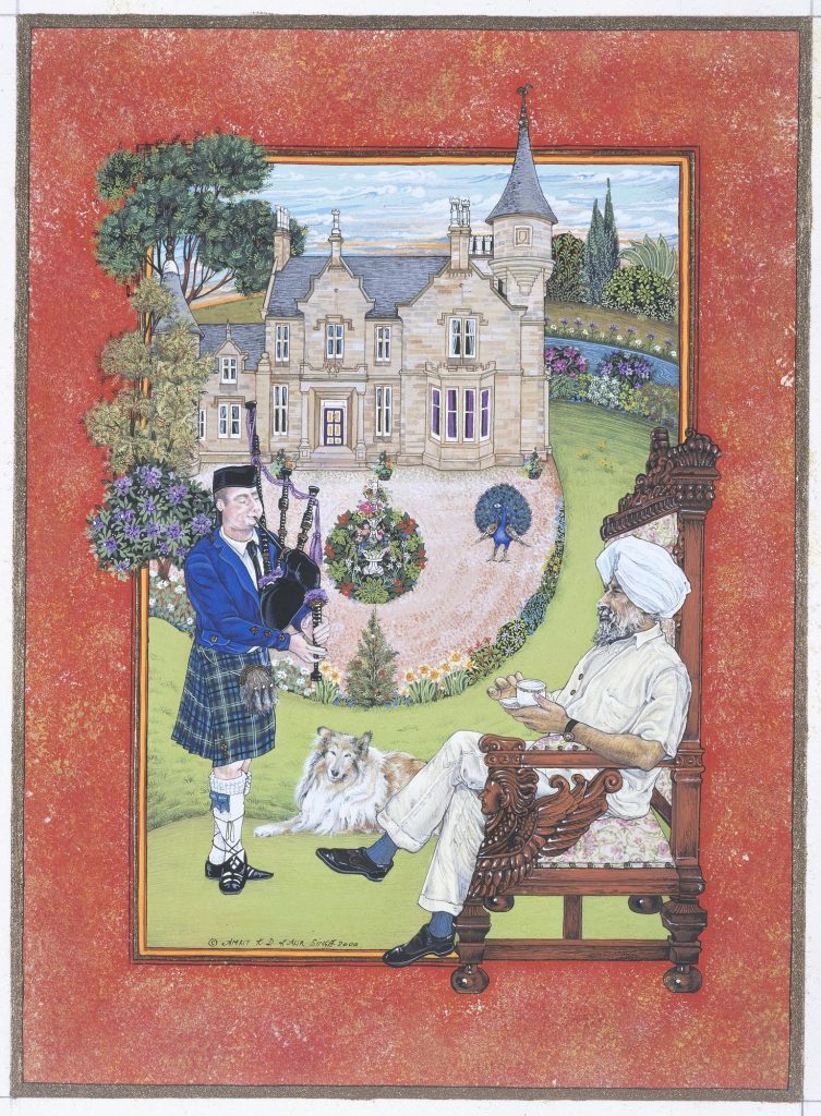 Painting a man wearing a white turban seated on the lawn of a country house with a sheltie dog nearby and a bagpiper playing for him.