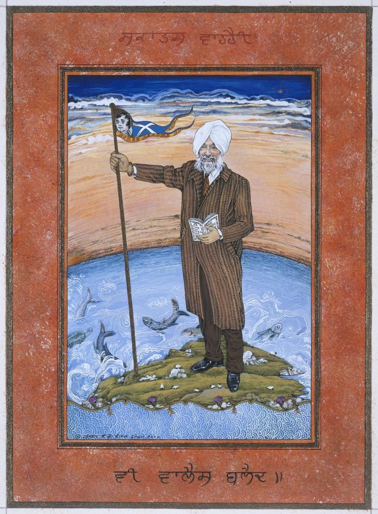 Painting of a man shown larger than life towering over a green island in a blue sea on which he has planted a saltire flag.