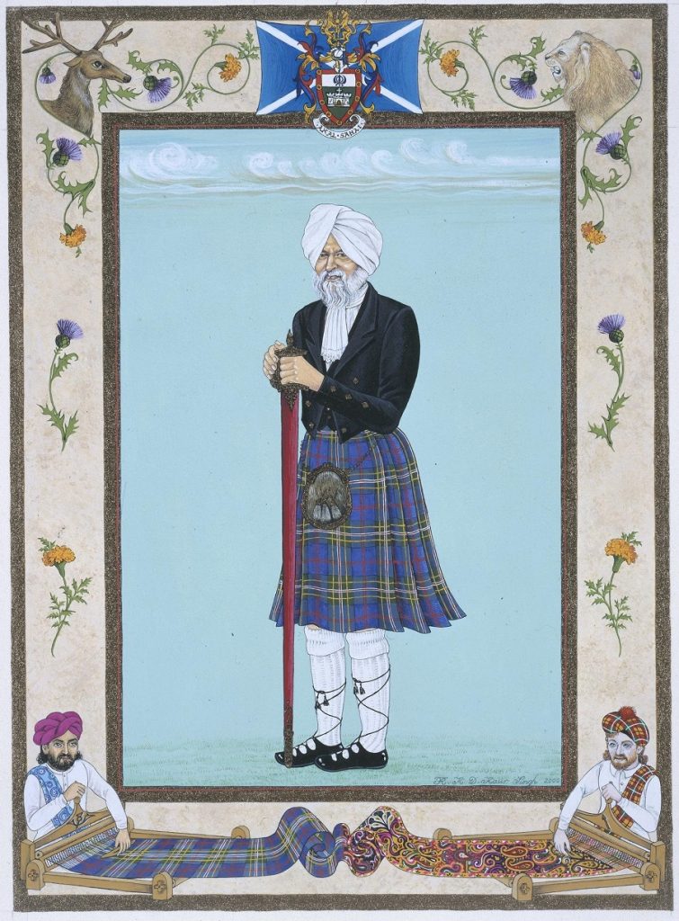 Painting of a man wearing a white turban and blue tartan kilt resting on a sheathed sword on a blue background. 