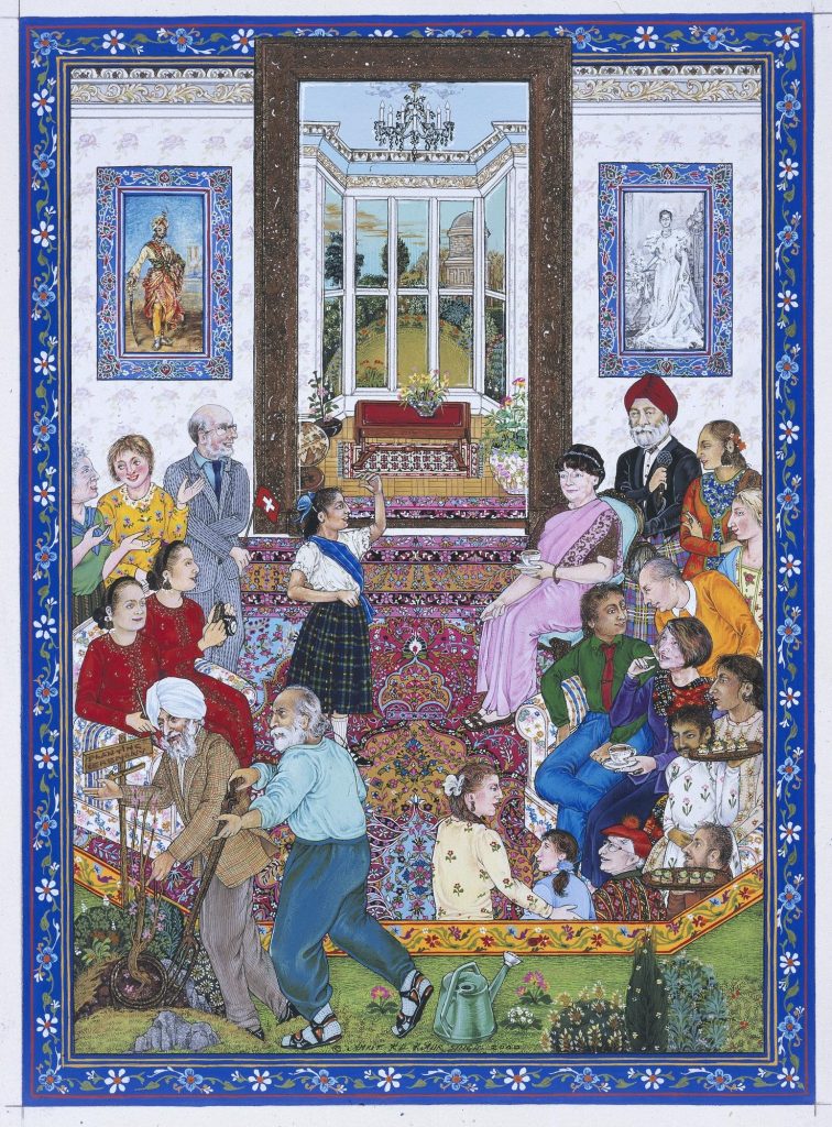 Painting of a cheerful gathering in a stately home. People sit on either side of an ornate carpet, a girl dances and two men plant a tree.