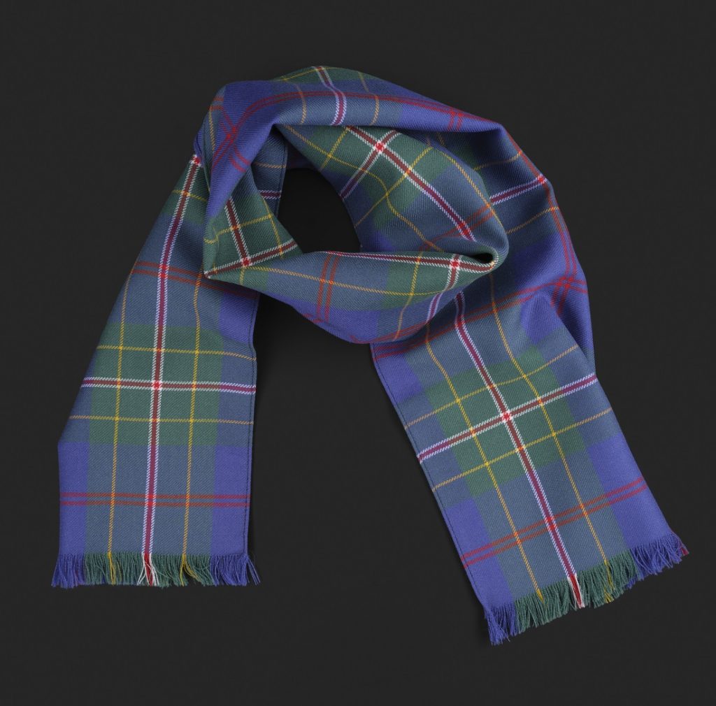 Tartan scarf on a black background laid out as though worn around a neck. Tartan has a blue base with red and white strips, yellow lines and green squares.