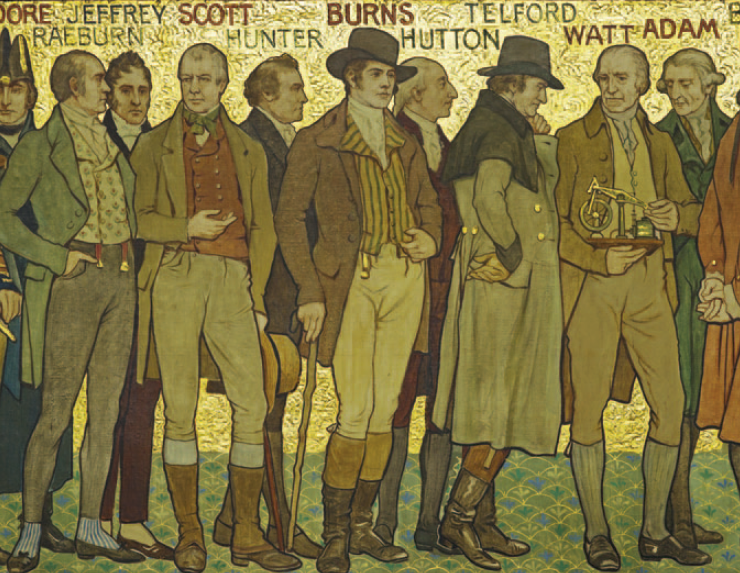 A golden frieze of loads of men standing in a line.