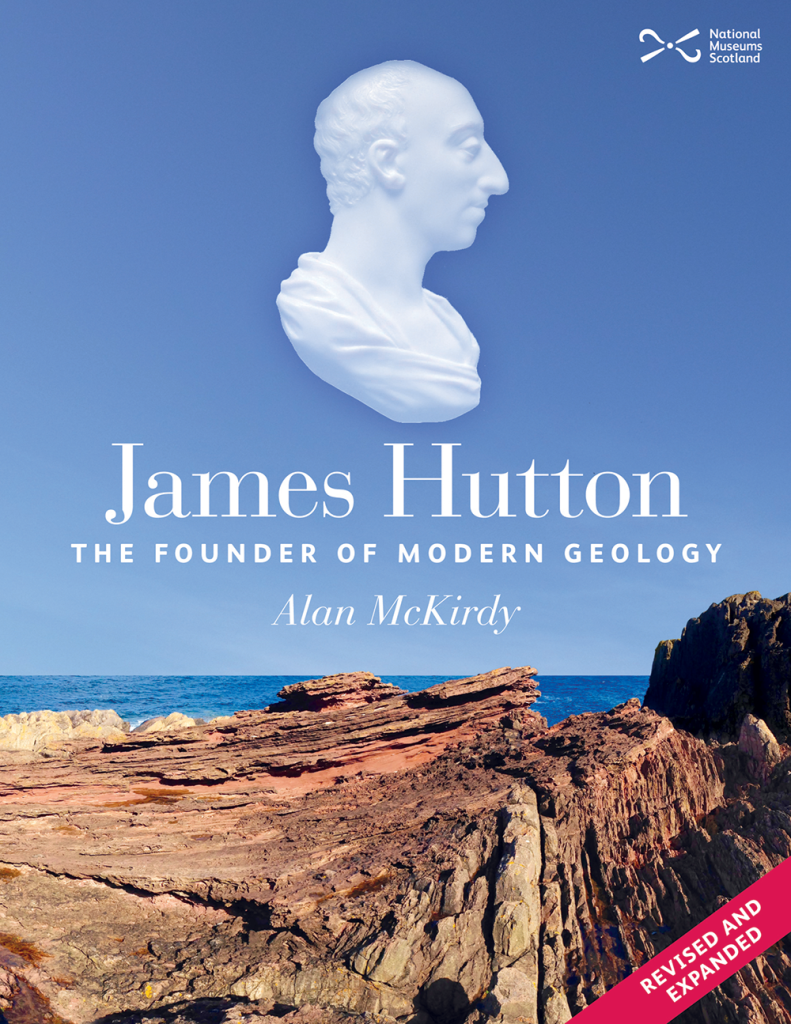Cover of the book James Hutton: The Founder of Modern Geology by Donald B McIntyre and Alan McKirdy, showing coast line with blue sky and Hutton's face in profile.