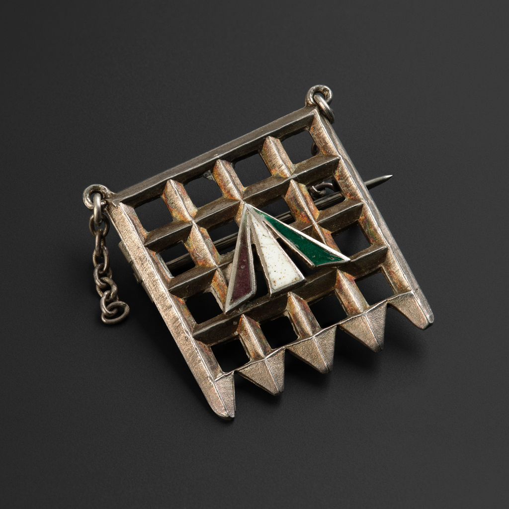 Metal brooch looking like a portcullis with green, purple and white triangles on it.