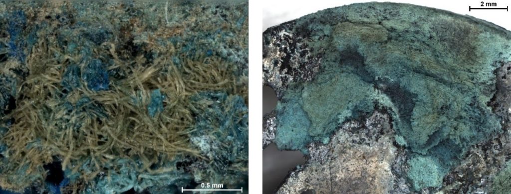 Microscopic side-by-side closeups. On left, tiny fibres on metal resemble grass. On right, sea-blue fibres resemble a globe.