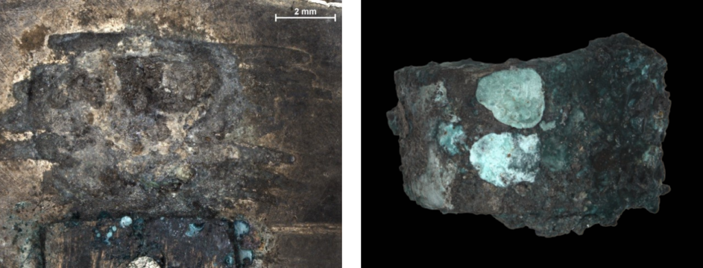 Side-by-side microscopic closeups. On left, a silvery-gold surface with scratches. On right, a rock-like chunk of blue-tinted metal on a black background.