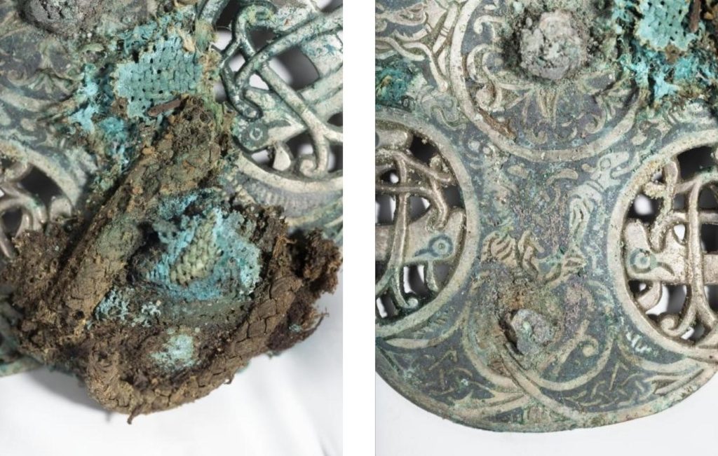 Side-by-side details from the brooch. On left, a patch of textiles clings to the rusted brooch. On right, a broken rivet end.