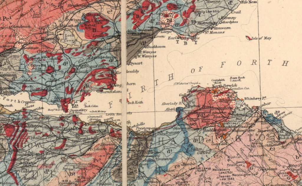 An old map of the area around the Firth of Forth showing different geological features.