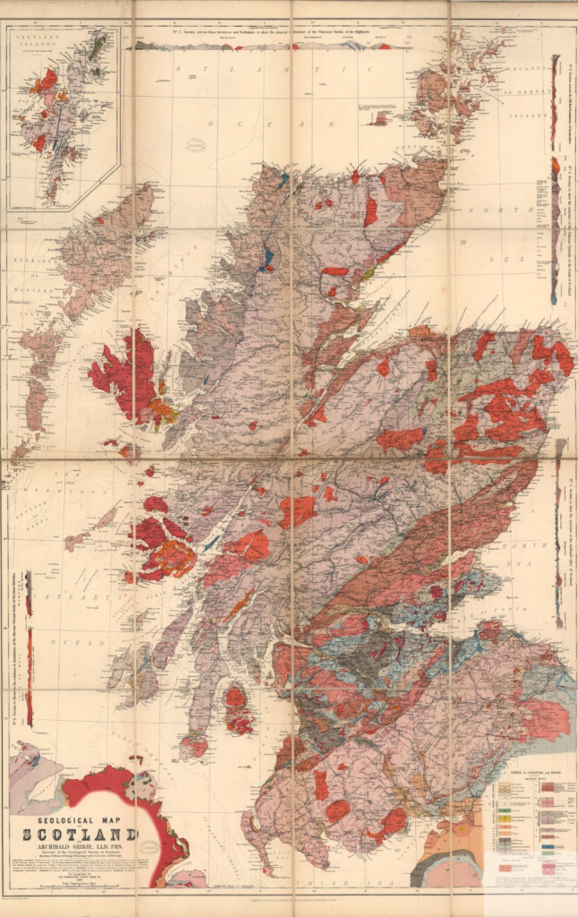 An old map of Scotland showing different geological features.