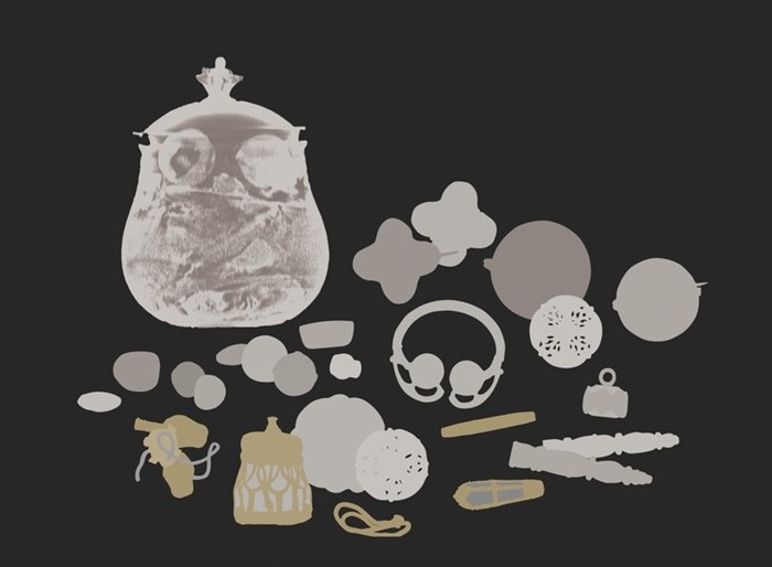 Illustration of silhouettes of objects in the Galloway Hoard, including pear-shaped vessel, circular brooches and arm-rings.