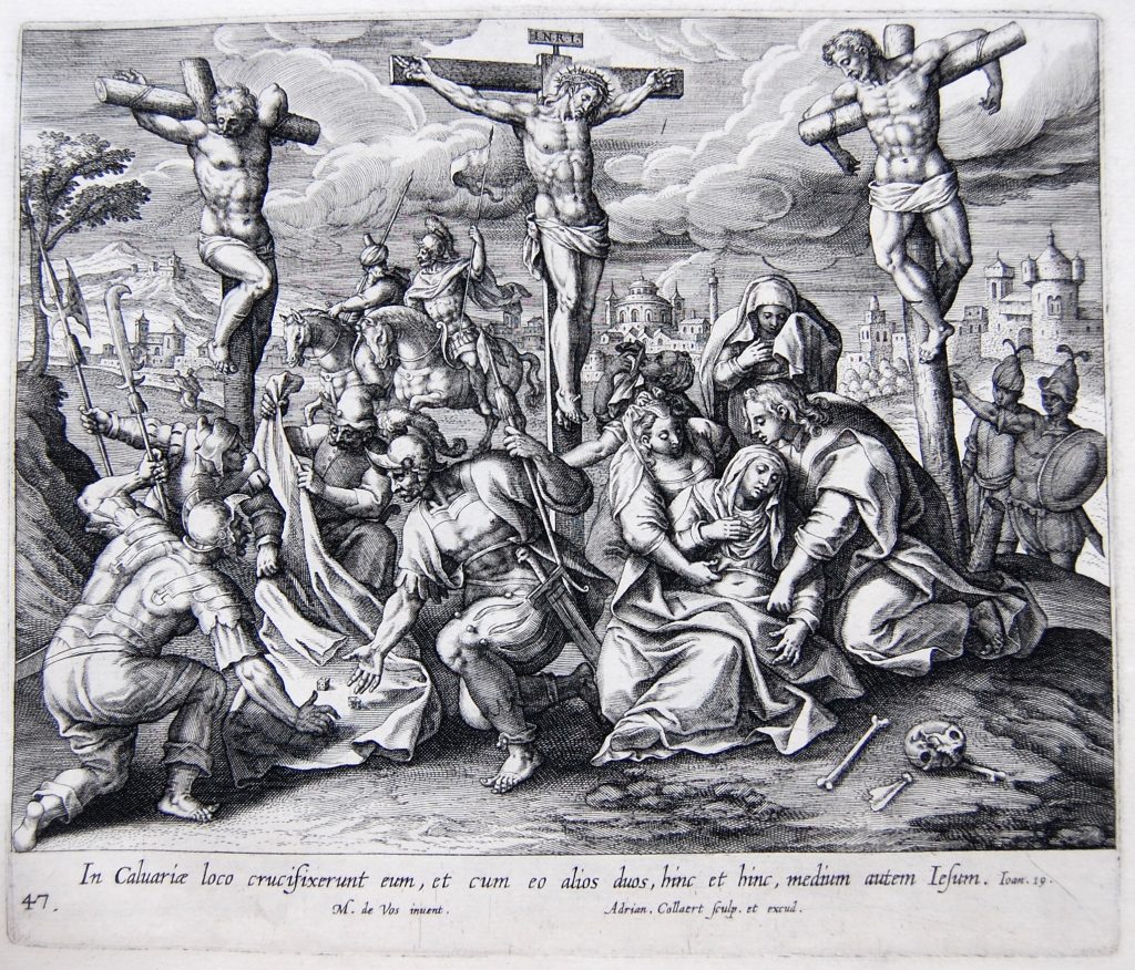 Crucifixion, engraving in black and white.