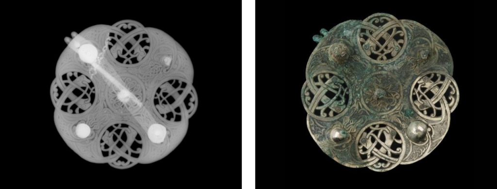 Side by side comparison of the brooch seen with x-ray on left, and as usual with small cleaned section on right.