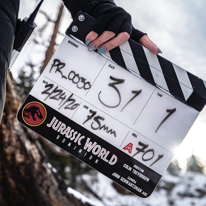 A hand with beautifully painted nails holds a Jurassic World Dominion clapper board.