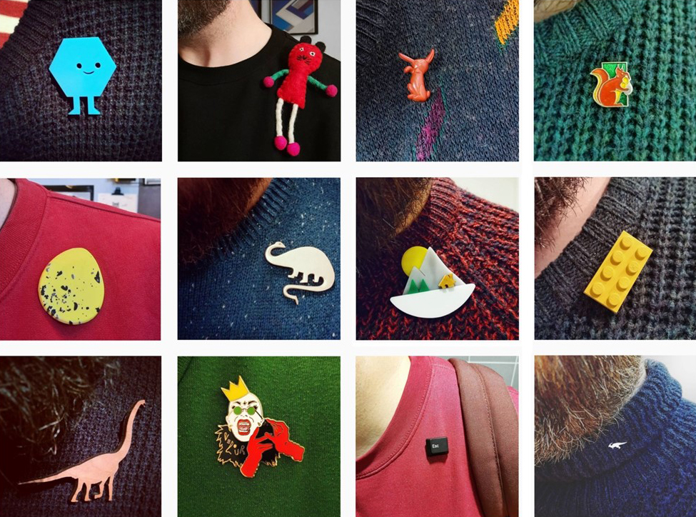 A three by four grid of square photos of various pins and badges on different coloured jumpers.