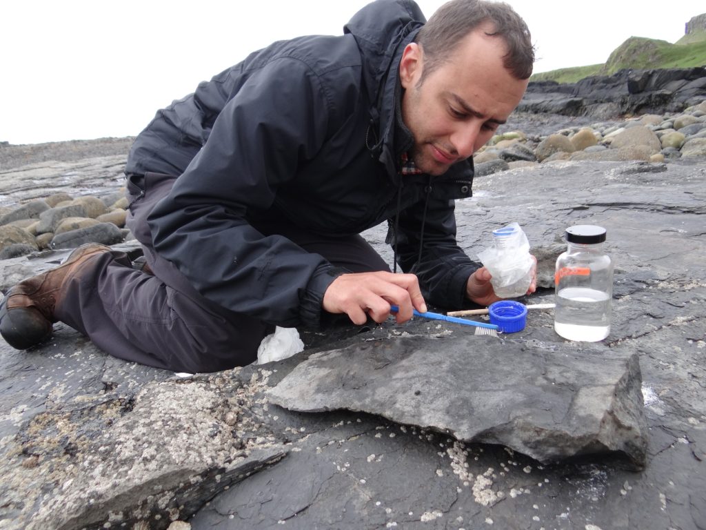 Man using fine tools and looking closely at rocks.