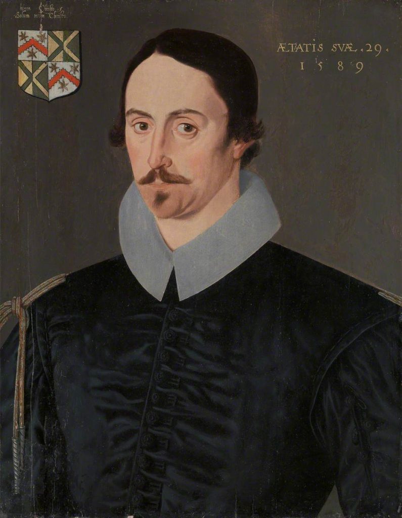Painted portrait of a man wearing a black doublet with white frills at the neck. He has a pointed goatee and neutral expression.