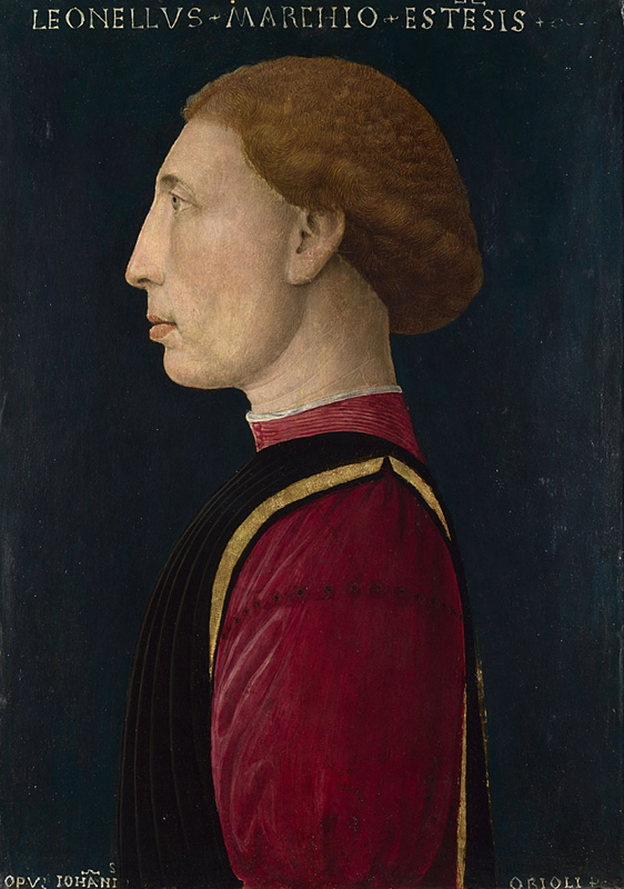 Painted portrait of a man in profile facing left. Short light brown hair, black vest over a red doublet. 