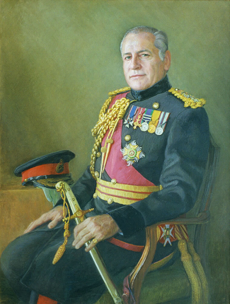 Painted portrait of a seated man with grey hair wearing full military uniform. He holds a sword and his cap is on a table. 