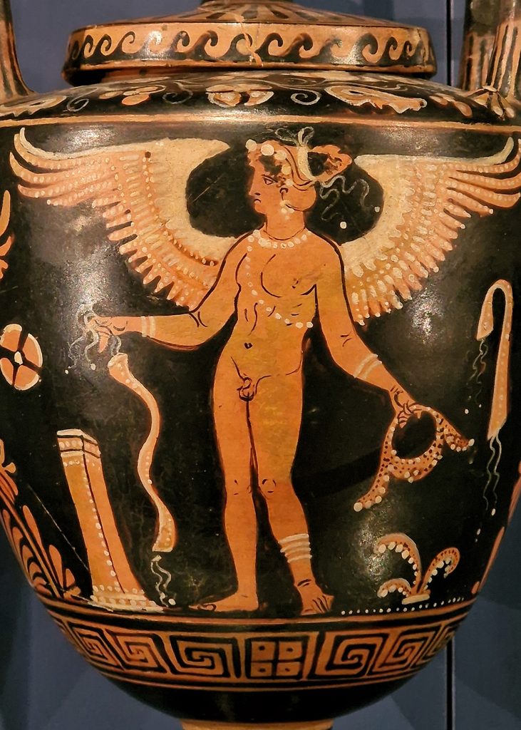 Lebes gamikos of pottery decorated in red figure style with two standing figures of Eros: Ancient Mediterranean, South Italian, from Apulia, 4th century BC, c. 350 - 325 BC.