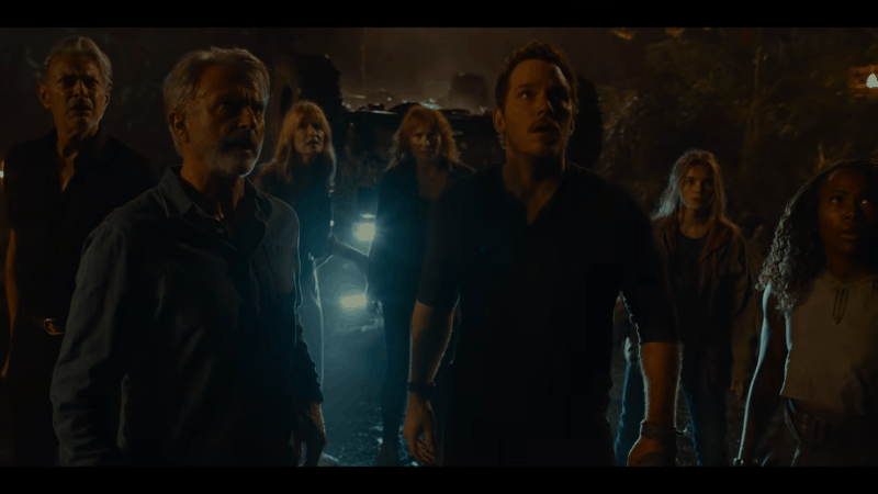 GIF from Jurassic World Dominion with the original cast joining the new one.