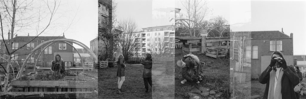Black and white landscape montage of several photos depicting the same urban scene with people in the photos.