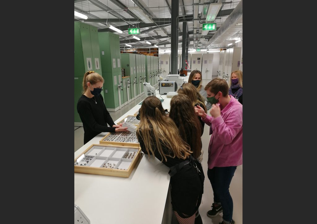 Group of young people looking at natural science specimens in a storage facility.