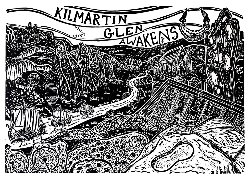 Linocut artwork of an abstracted Kilmartin Glen. In the foreground are stones with carved patterns. Above them is a river with medieval boats. Various standing stones, hilltops, a church, and the words 'Kilmartin Glen Awakens' adorn the top section.