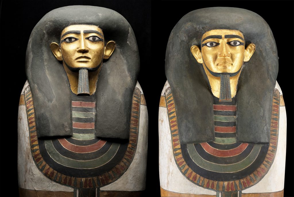 Two images of the same coffin lid put side-by-side to compare. The lid features a stern golden face with large black headdress. Version on left is darker and pre-restoration, version on right is lighter and post-restoration.