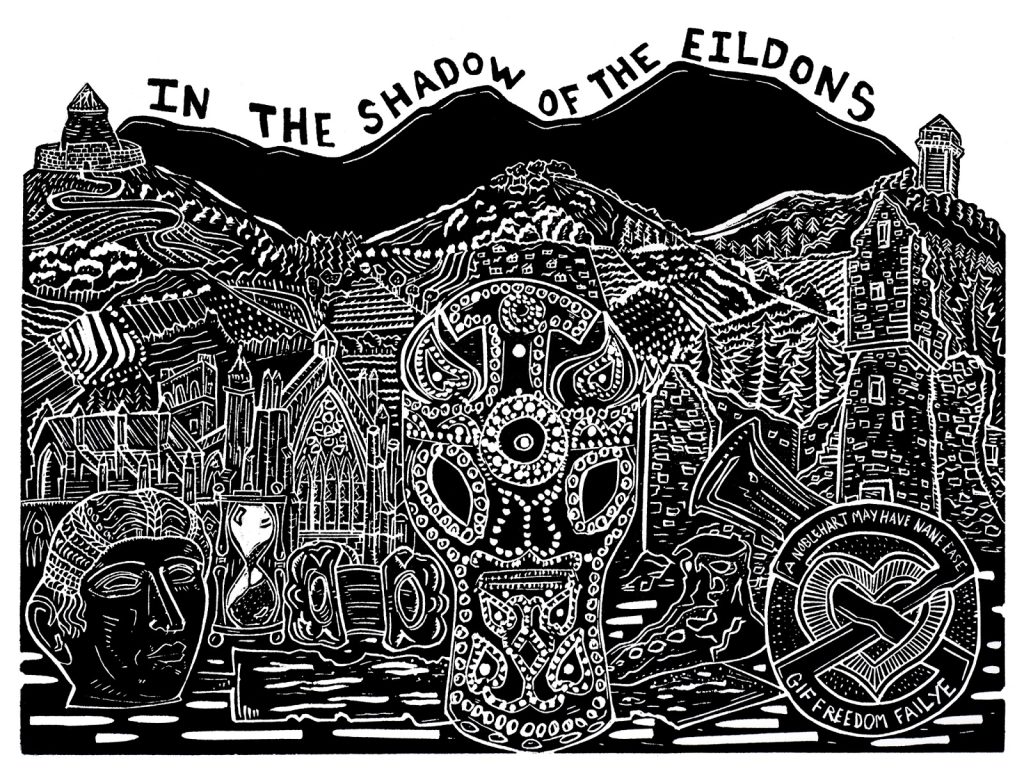 A bold linocut artwork by Pamela Scott combines elements of the Eildons landscape, including hilltops, farmed fields, and the River Tweed, with museum objects including the horse's chamfron and Roman parade mask. A broch and Roman tower flank the words, 'In the shadow of the Eildons'.