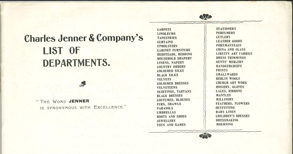 List of Jenners departments in a vintage catalogue. Era-typical jaunty text lists departments in two columns, ranging from 'curtains' and 'velvets' to 'prints' and 'outfitting'.