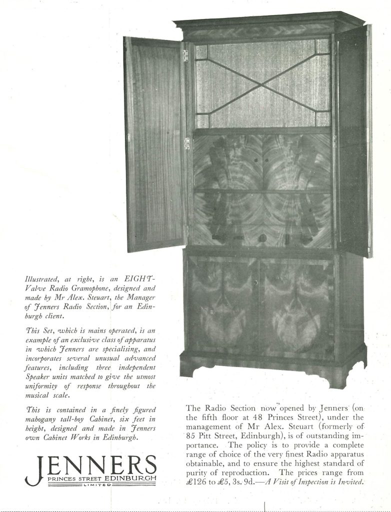 Mid-20th century print advertisement for a radio gramophone contained within a six foot-tall mahogany cabinet, seen in black and white.