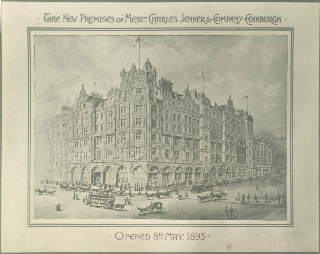 Black and white image of a palatial multi-storey building on a busy street corner. Horses and carriages pass by, and people in fancy early 20th century dress walk around it.