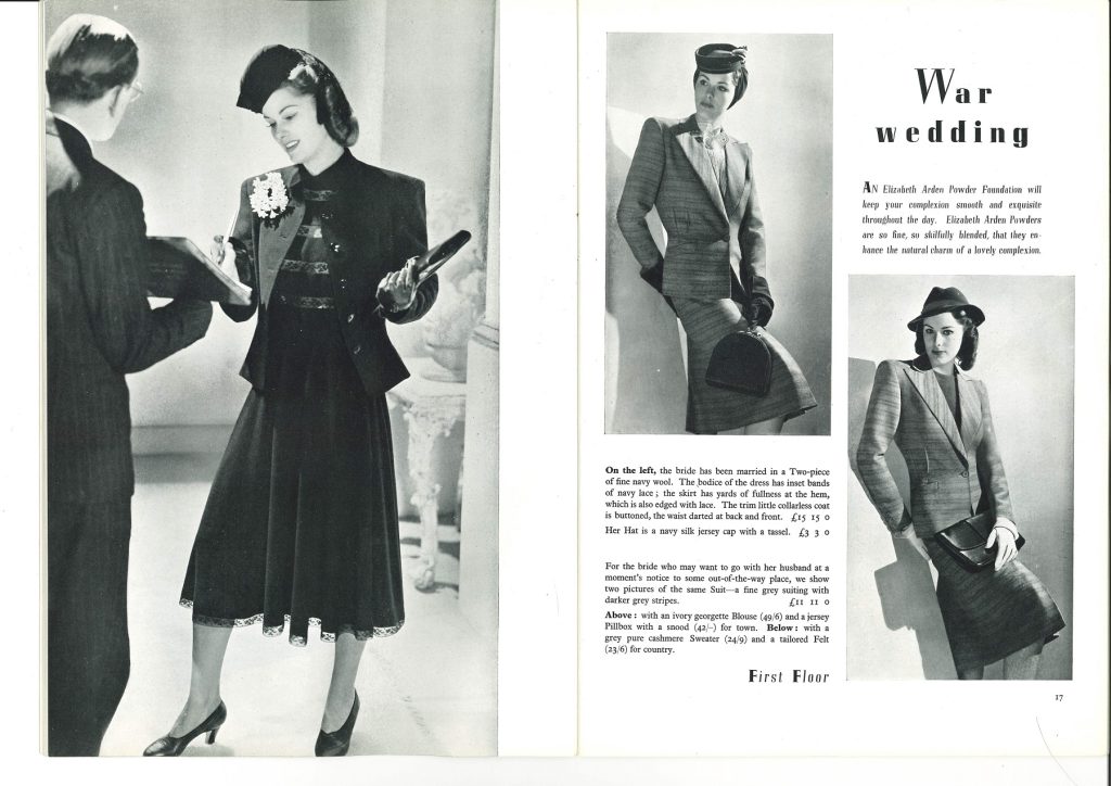 Two black and white pages from a Jenners catalogue, titled 'War wedding'. A slick woman in suit and hat poses against a white wall, looking stylish and confident.