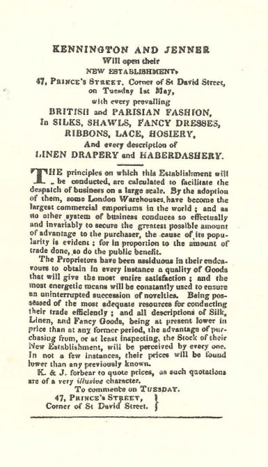 Yellow-toned paper advertisement announcing 'Kennington and Jenner will open their new establishment, 47 Prince's Street' with 'every prevailing British and Parisian fashion'.