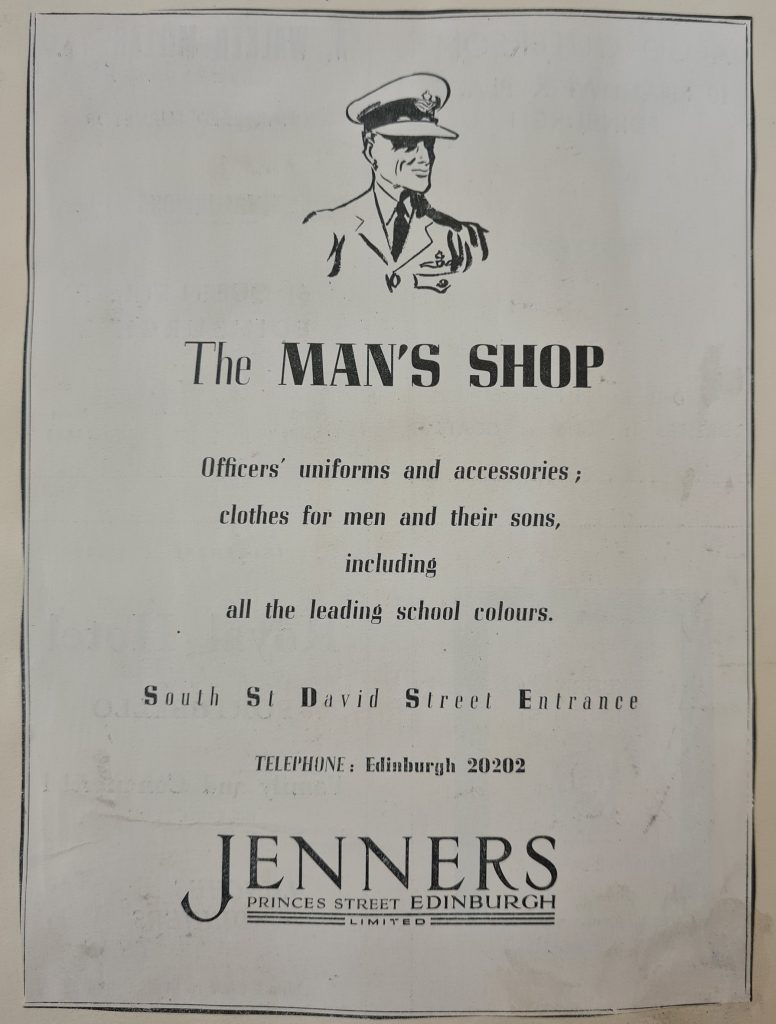 Black and white Jenners print ad from 1941. At top is a man in military uniform and the text, 'The Man's Shop'. A few short lines of text fill the centre of the fairly sparse page.
