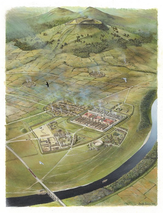 Illustration of a bird's eye view of the sprawling Roman fort of Trimontium. The fort's nucleus is a dense cluster of buildings, with spacious annexes on the sides. The River Tweed flows to the right, and the Eildons rise up at the top.