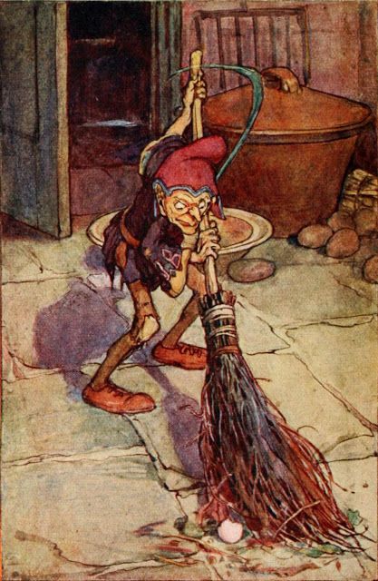 Illustration of a Brownie, depicted as a gnome-like homunculus the size of a small dog with pointed red cap sweeping a stone floor with a homemade broom.