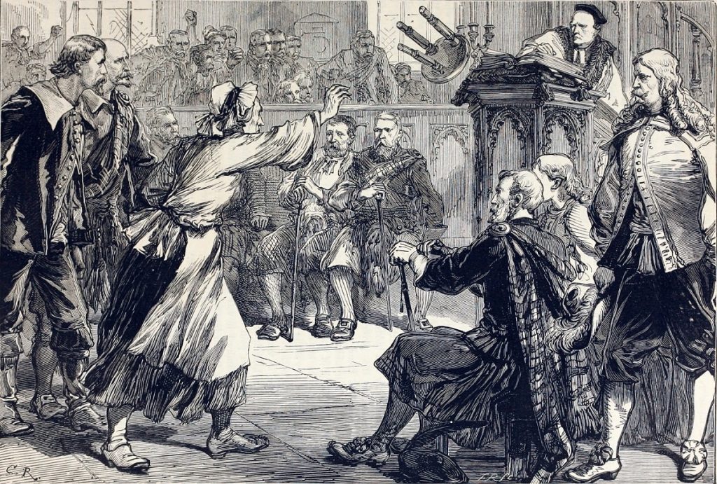 Illustration of Jenny Geddes, an elderly woman, throwing a small wooden stool at the minister of St Giles Cathedral while several aristocratic men look on sternly.