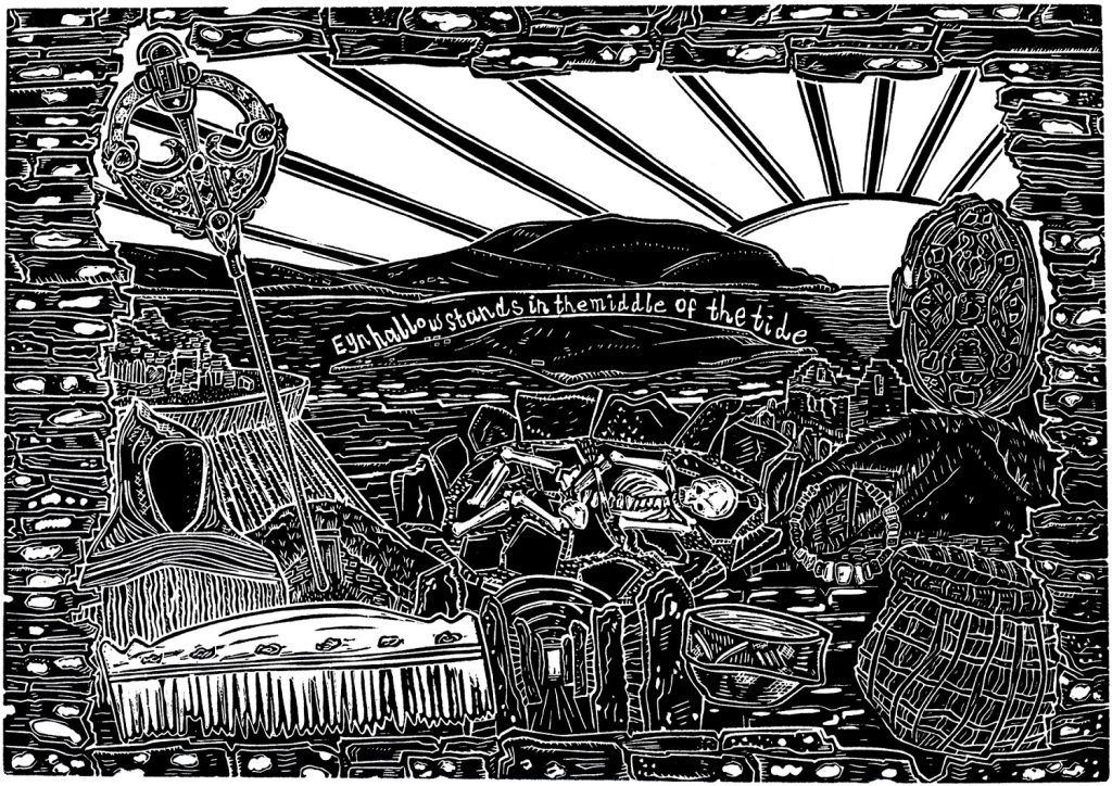 Linocut print abstractly depicting the Eynhallow Sound and various museum objects. A window-like stone frame focuses attention on a low island in the middle of a channel with a skeleton underneath it. A tortoise-shaped brooch, large pin, basket, and fabric hood are some of the object scattered around the image.