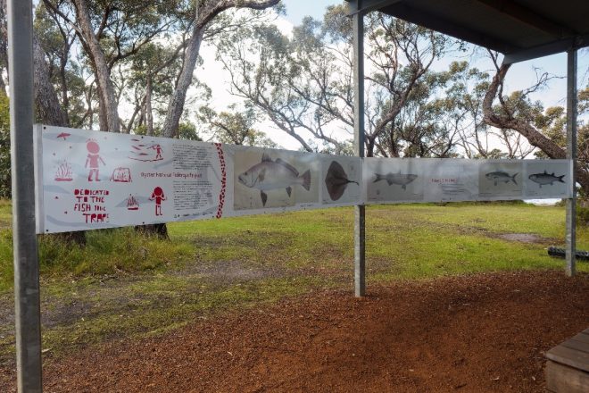 Interpretation panels mounted in between poles under a roof, with grass and trees beyond.