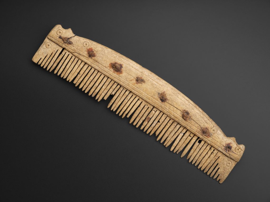 A comb with all of its teeth wholly or mostly intact, made of off yellow-white bones against a dark grey background. Several rusted rivets poke out from the top, but it looks almost ready to use after 1,000 years in the ground!